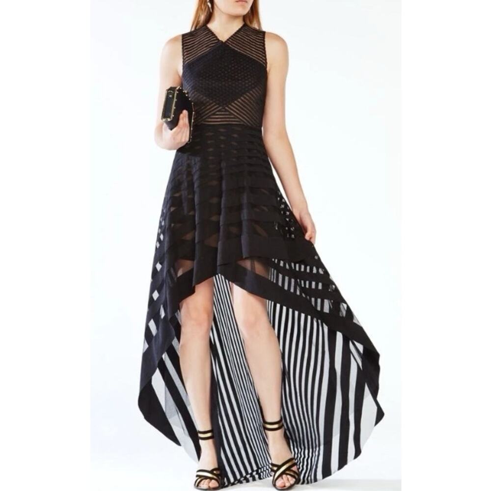 BCBGMAXAZRIA Keanna Gown Illusion Stripe Mesh Sleeveless Maxi Formal Prom Dress